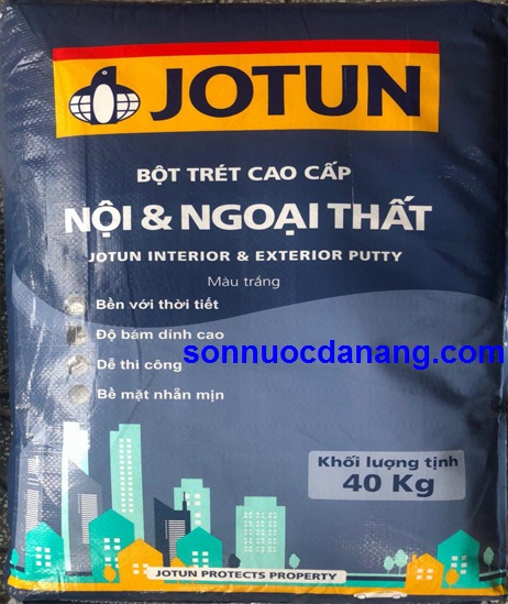 Bột trét tường Jotun nội & ngoại thất (màu trắng) tại Đà Nẵng, Hồ Chí Minh, Hà Nội là loại bột trét dùng để tạo phẵng các bề mặt hồ vữa, bê tông, bê tông đúc sẵn để che lấp các lỗ nhỏ hoặc các khiếm khuyết khác của bề mặt ngoại thất trước khi sơn lớp lót và sơn hoàn thiện.
