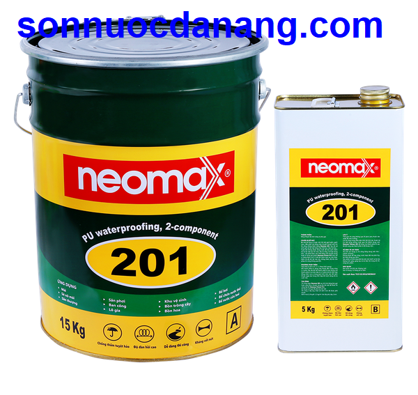 Neomax 201 hợp chất chống thấm gốc nhựa polyurethane tại Đà Nẵng, Hà Nội, Hồ Chí Minh là 01 loại hợp chất chống thấm hai thành phần, dạng lỏng, dựa trên gốc nhựa polyurethane đa tính năng, có chứa dung môi. Sau khi thi công sẽ hình thành lớp phủ đàn hồi có độ bền kéo đứt tốt, độ giãn dài cao. Sản phẩm có khả năng che phủ các vết nứt tuyệt vời. Dùng để tạo ra lớp phủ chống thấm cho: Mái, sê nô mái; sân thượng; sân phơi; ban công; lô gia; Bồn trồng cây; bồn hoa; Khu vệ sinh; Bể bơi; bể chứa nước thải; bể nước cứu hoả.