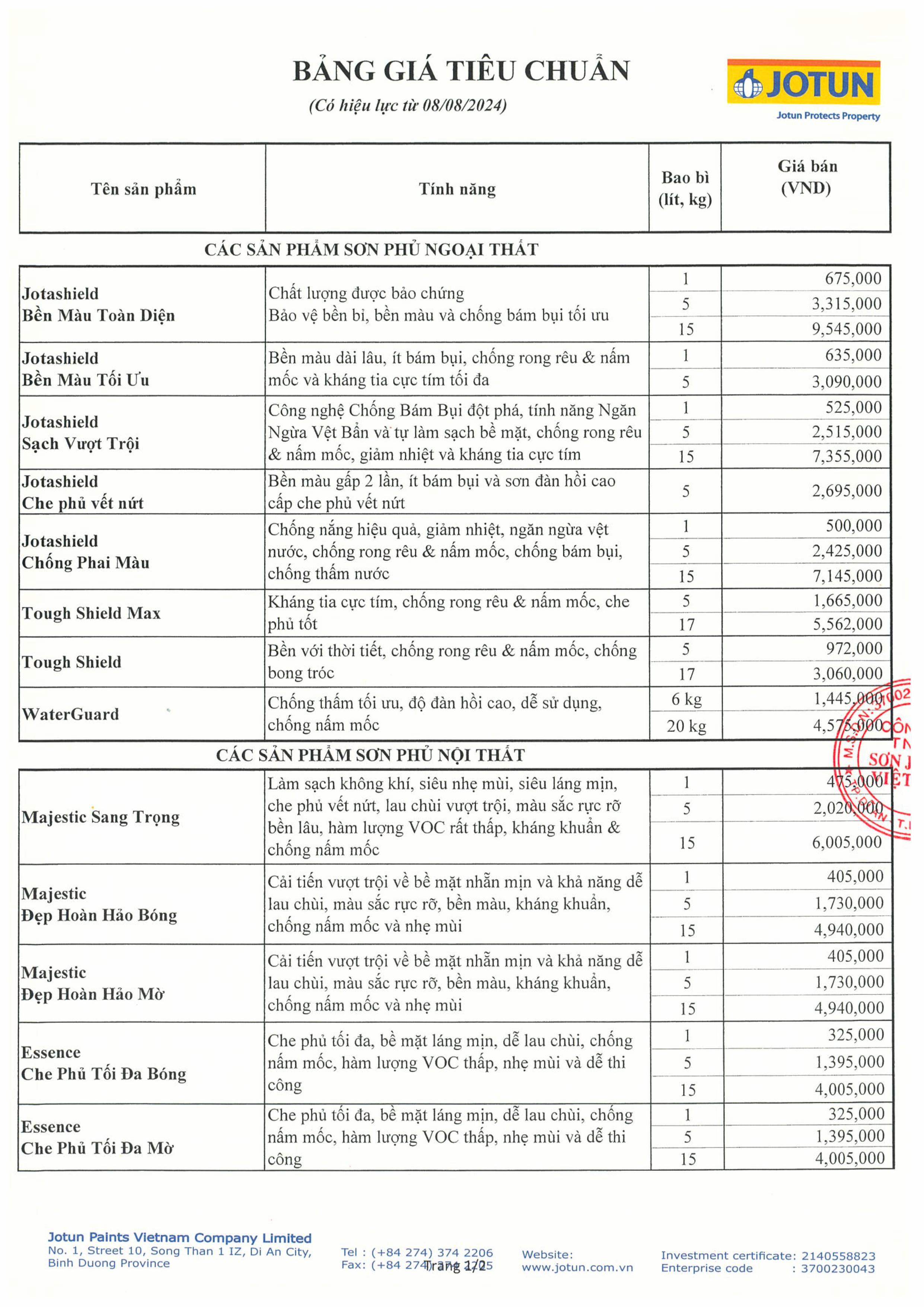 Bảng giá sơn Jotun chính hãng mới nhất ngày 08.11.2024