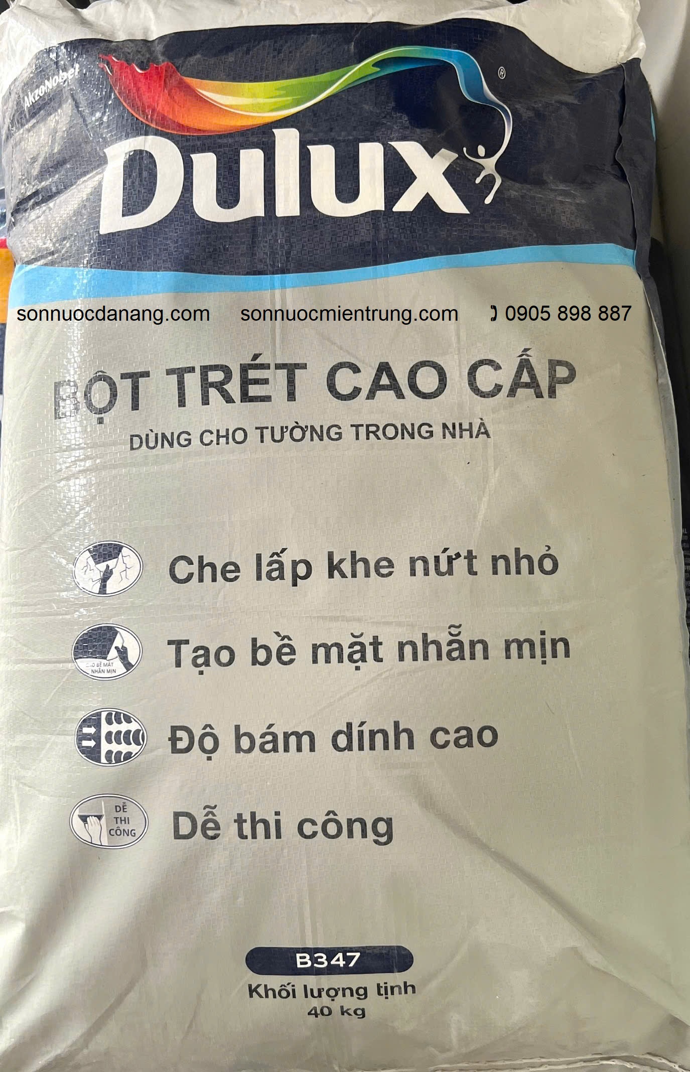 Bột trét tường trong nhà Dulux B347 tại Đà Nẵng, Hà Nội, Hồ Chí Mình là 1 loại bột trét mới sử dụng trong nhà. Bột trét tường trong nhà cao cấp Dulux mới. Sản phẩm được thiết kế để sử dụng trong nhà với chất lượng tốt, dễ thi công và giá cả cạnh tranh. Sản phẩm đáp ứng các tiêu chí cao nhất của Tập đoàn Sơn Dulux Akzonobel.